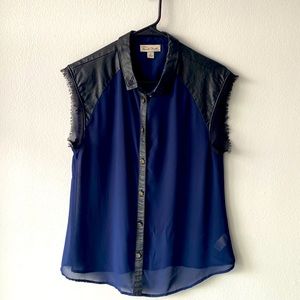 Sheer blue button up top with faux leather details and cutoff sleeves. Size S